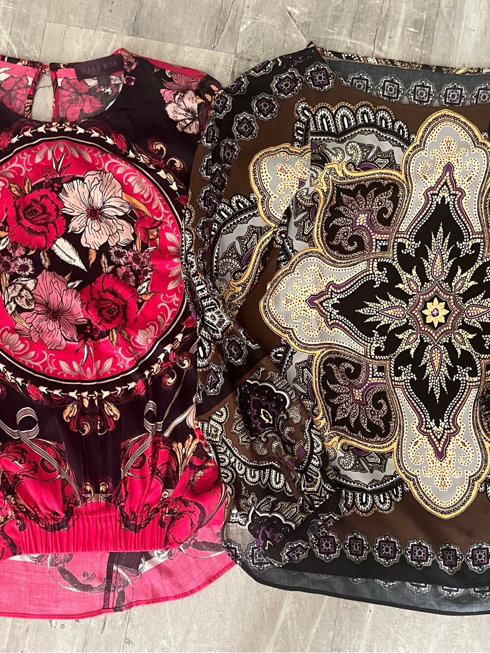 Hale Bob Mixed-Print Floral & Paisley Tops — Pink, Black, Brown bundle of 2 XS